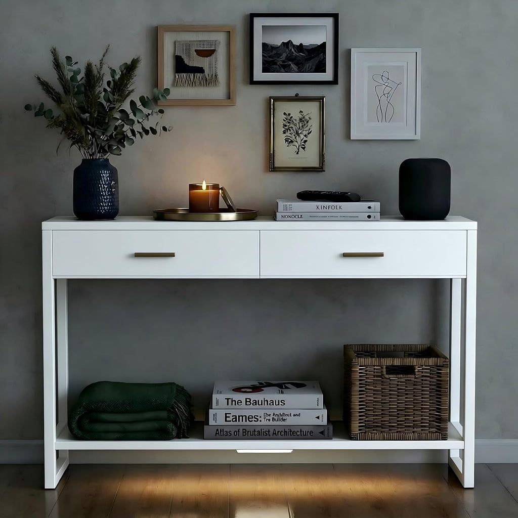 Slim Entryway Console Table with Foot-Sensor Light - 2 Deep Drawers & Open Center Shelf, Reinforced Legs & Comfortable Metal Handles, Multi-Scene Use for Hallway/Living Room/Small Apartment
