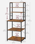 VASAGLE Coffee Bar, 23.6 Inches Baker's Rack for Kitchen with Storage, 6-Tier Kitchen Shelves with 6 Hooks, Microwave Stand, Industrial, Rustic Brown and Ink Black UKKS024B01