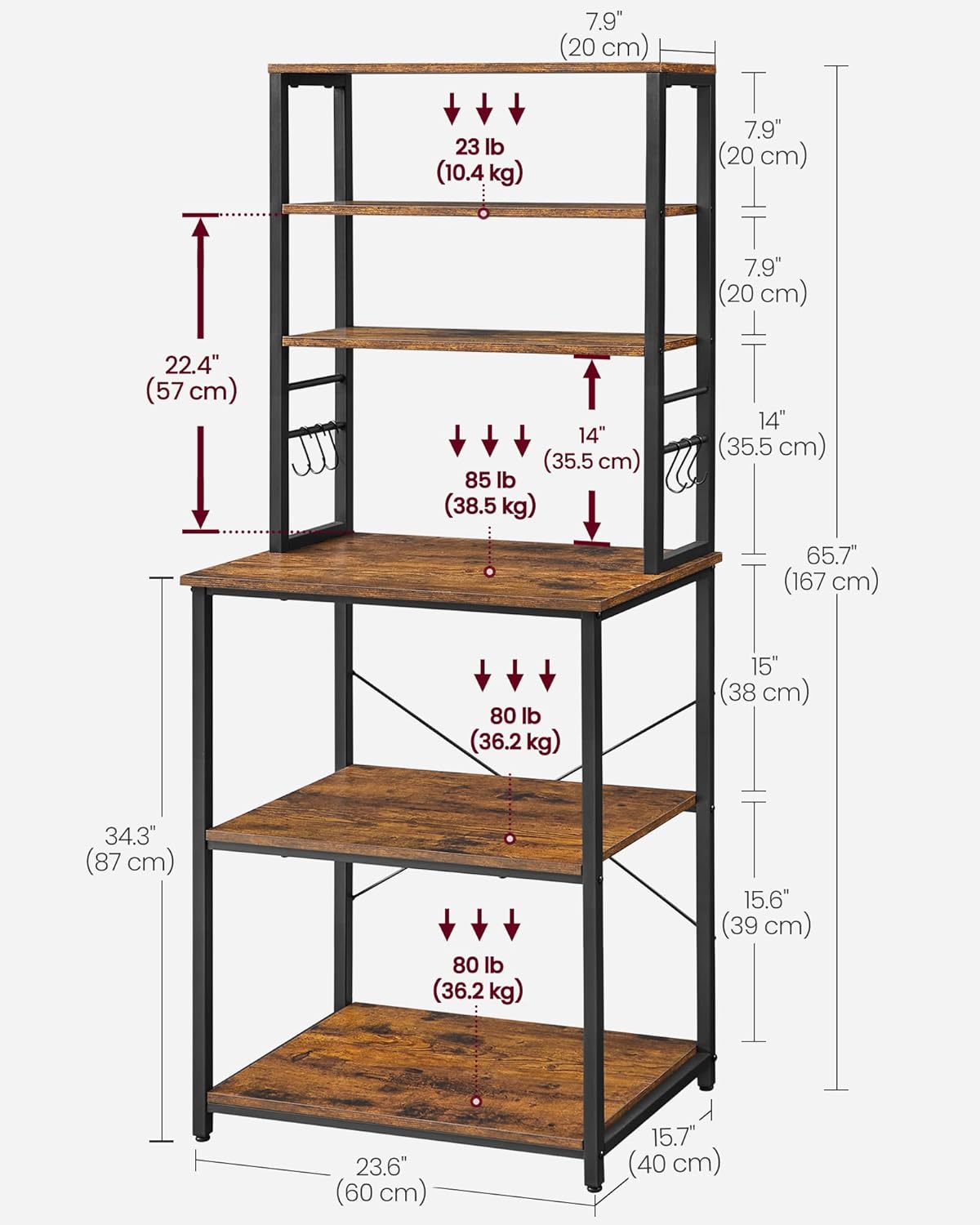VASAGLE Coffee Bar, 23.6 Inches Baker's Rack for Kitchen with Storage, 6-Tier Kitchen Shelves with 6 Hooks, Microwave Stand, Industrial, Rustic Brown and Ink Black UKKS024B01
