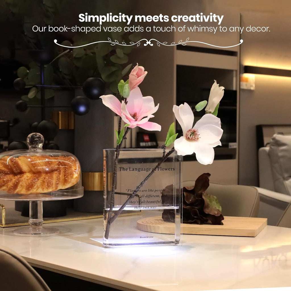 Alpharan Book Vase for Flowers Home Décor,Flower Vase Artistic and Cultural Flavor Decorative Vase Acrylic Clear Vase for Home and Office,Gifts for Book Lovers. (Transparent)