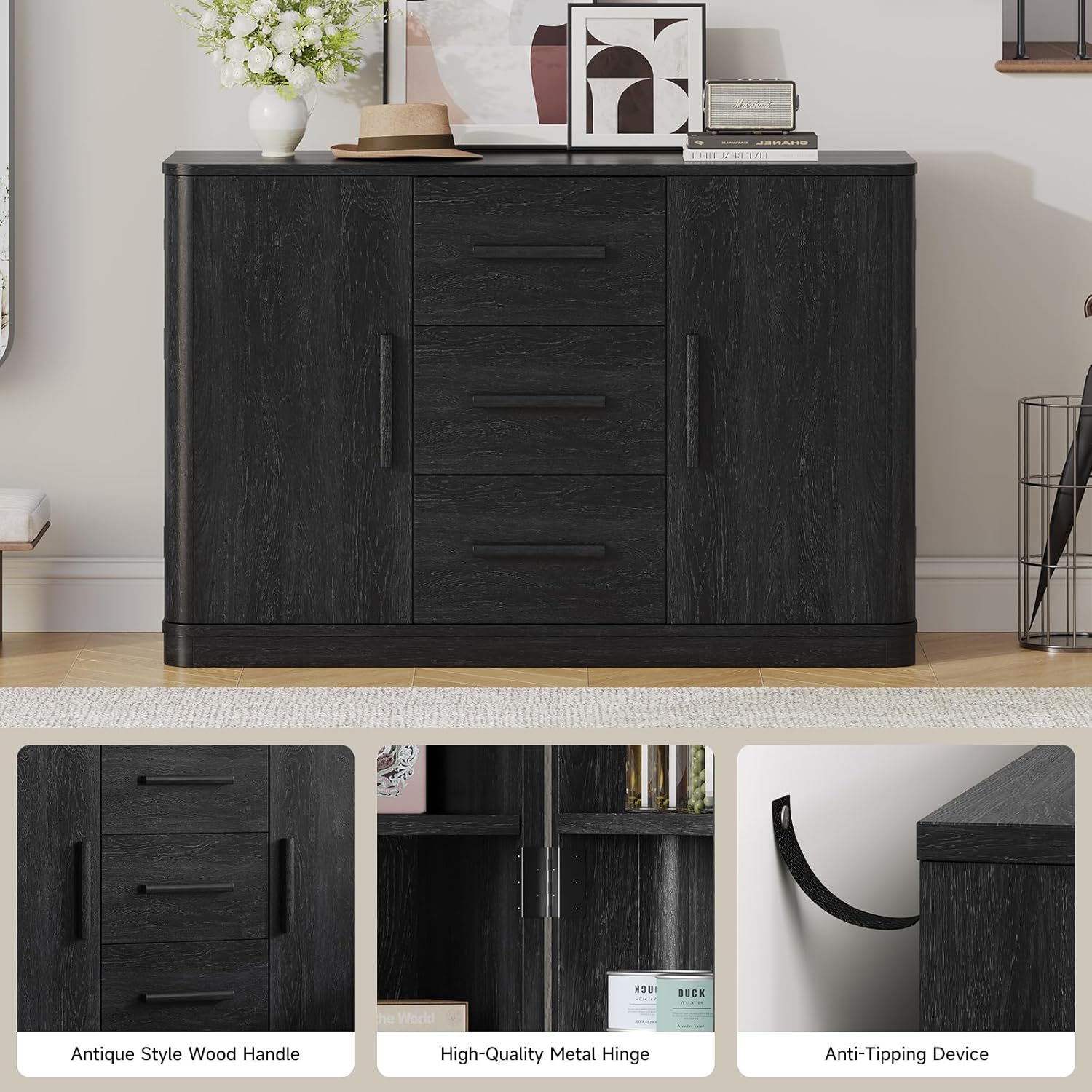 ONBRILL 47" Sideboard Buffet Cabinet with Storage and 3 Drawers, Large Buffet Cabinets with 2 Doors, Console Credenza, Modern Coffee Bar Table w/Adjustable Shelves for Dining Room, Living Room, Black