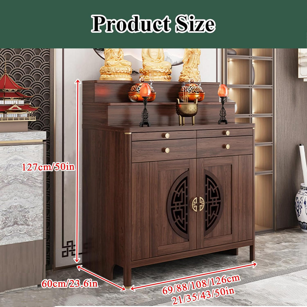 Personal Shrine Altar Table with Storage, Buddha Niche Chinese Cabinet, Pooja Mandir Cabinet for Incense & Offerings (Light Brown, 126cm/49.6in)