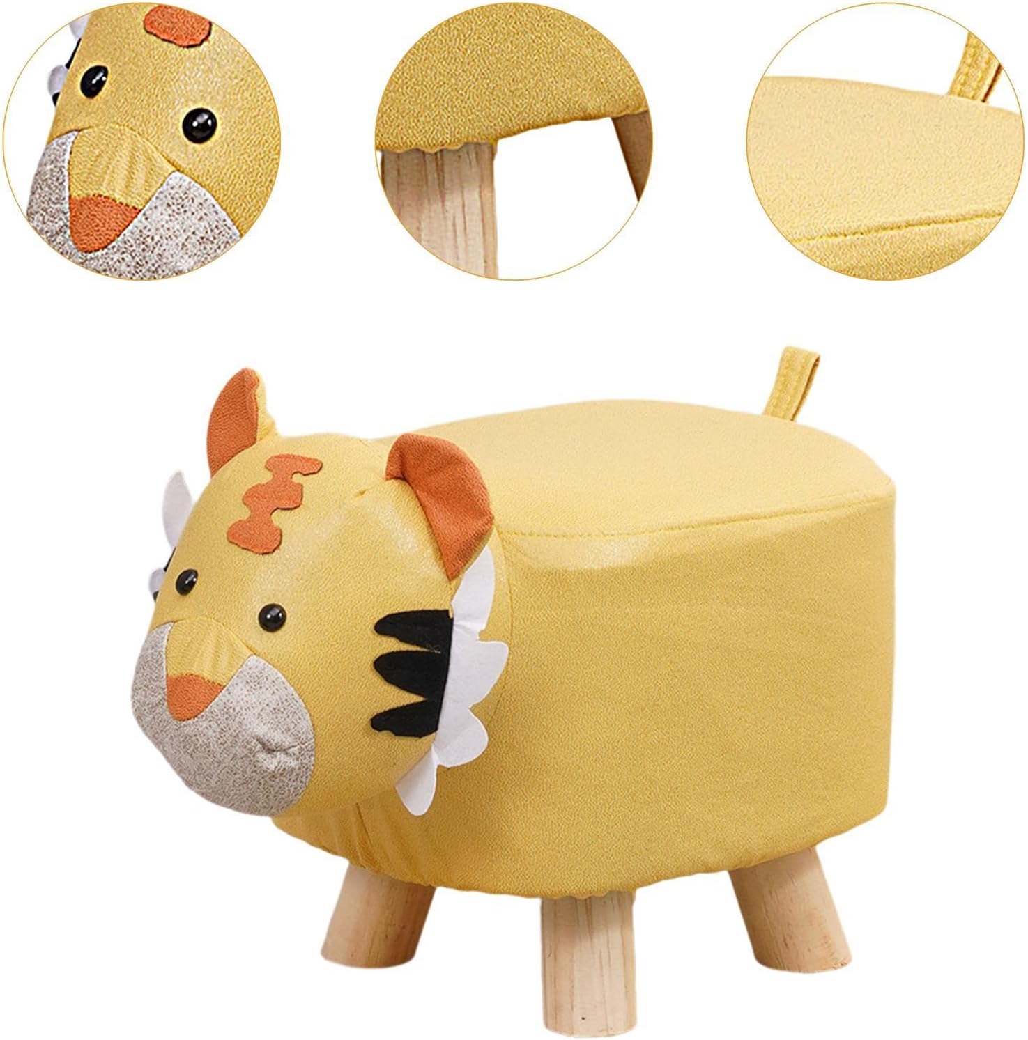 Cartoon Footstool Ottoman Animal Shaped Kids Stool Foot Stool Wooden Feet Cloth Fabric Comfortable Seating Suitable for Children Room Bedroom Nur, Yellow Tiger
