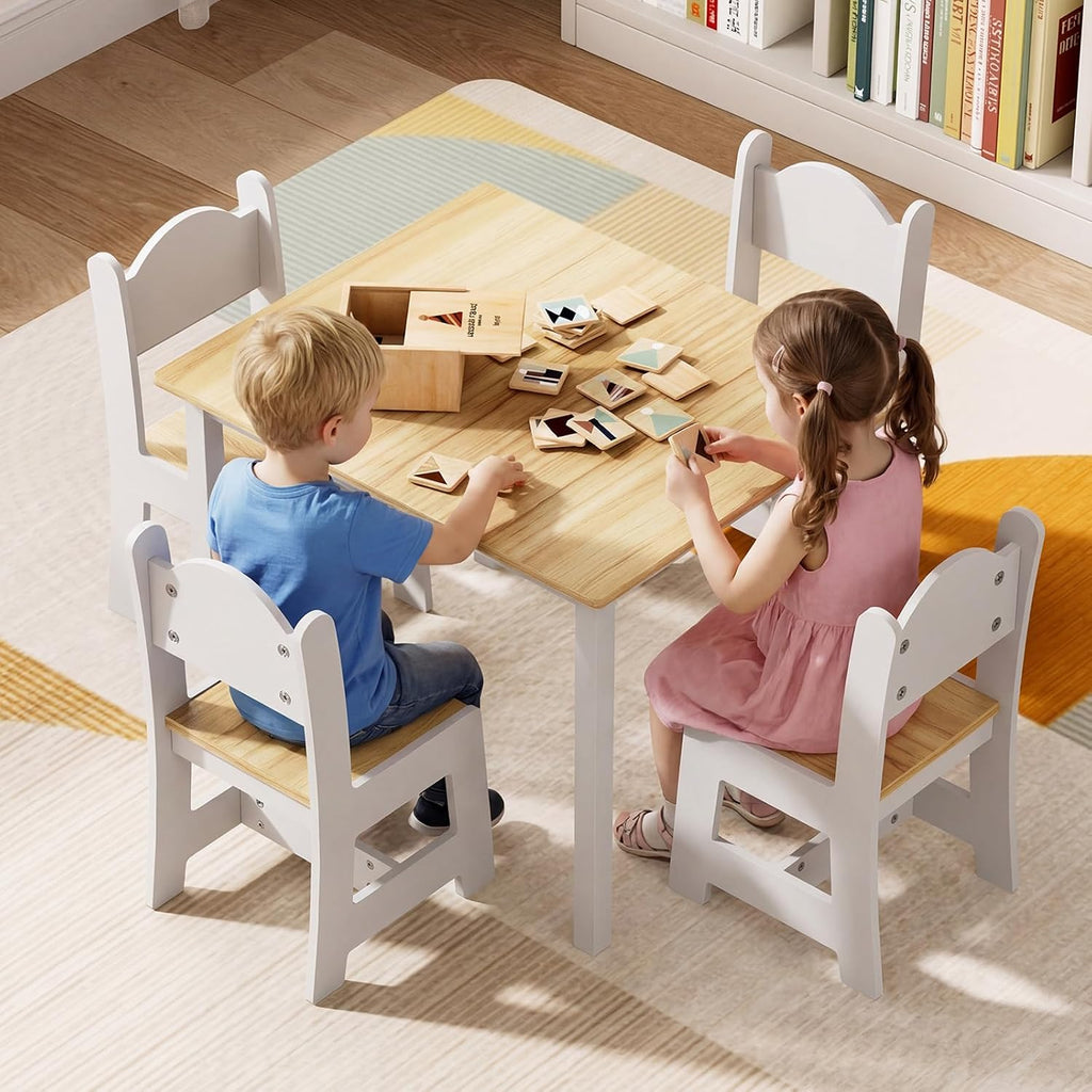 JOYMOR Kids Table and 4 Chairs, Toddler Table and Chair Set, Wooden Activity Table for Children with Chairs, Perfect for Arts, Crafts and Nursery Use, Natural & White