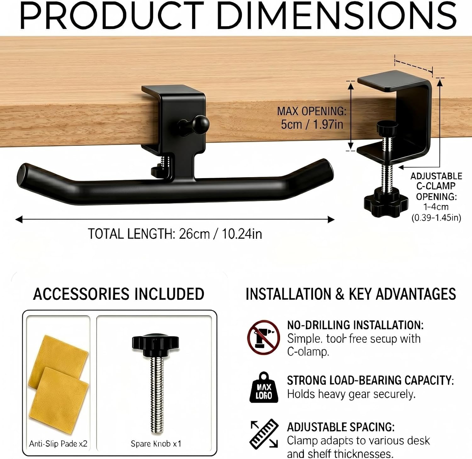 Desk Hook for Bag, Adjustable Purse Hook for Table (1-4cm/0.39-1.45in), Heavy Duty Carbon Steel Backpack Hanger, 80lb Capacity Clamp-On Bag Holder for Office, Classroom, Cafe, Home, and Gaming (Black)