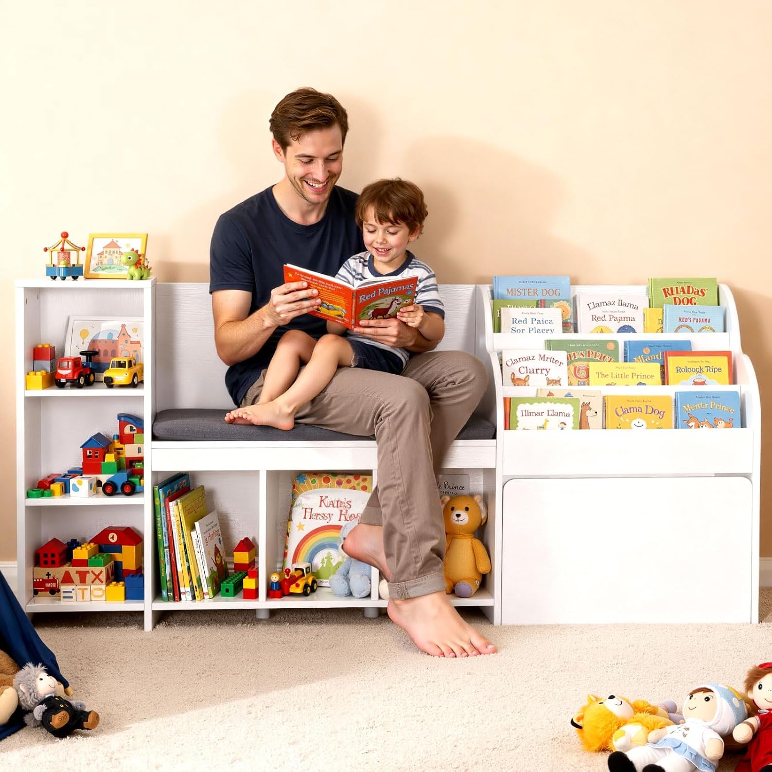 VEVOR Kids Reading Nook, Wooden Storage Bench with Backrest, Kids Bookshelf & Toy Organizer, Large Toy Box Chest for Playroom, Living Room or Entryway, Easy Assembly, 66.9 x 15.8 x 31.5 in, White