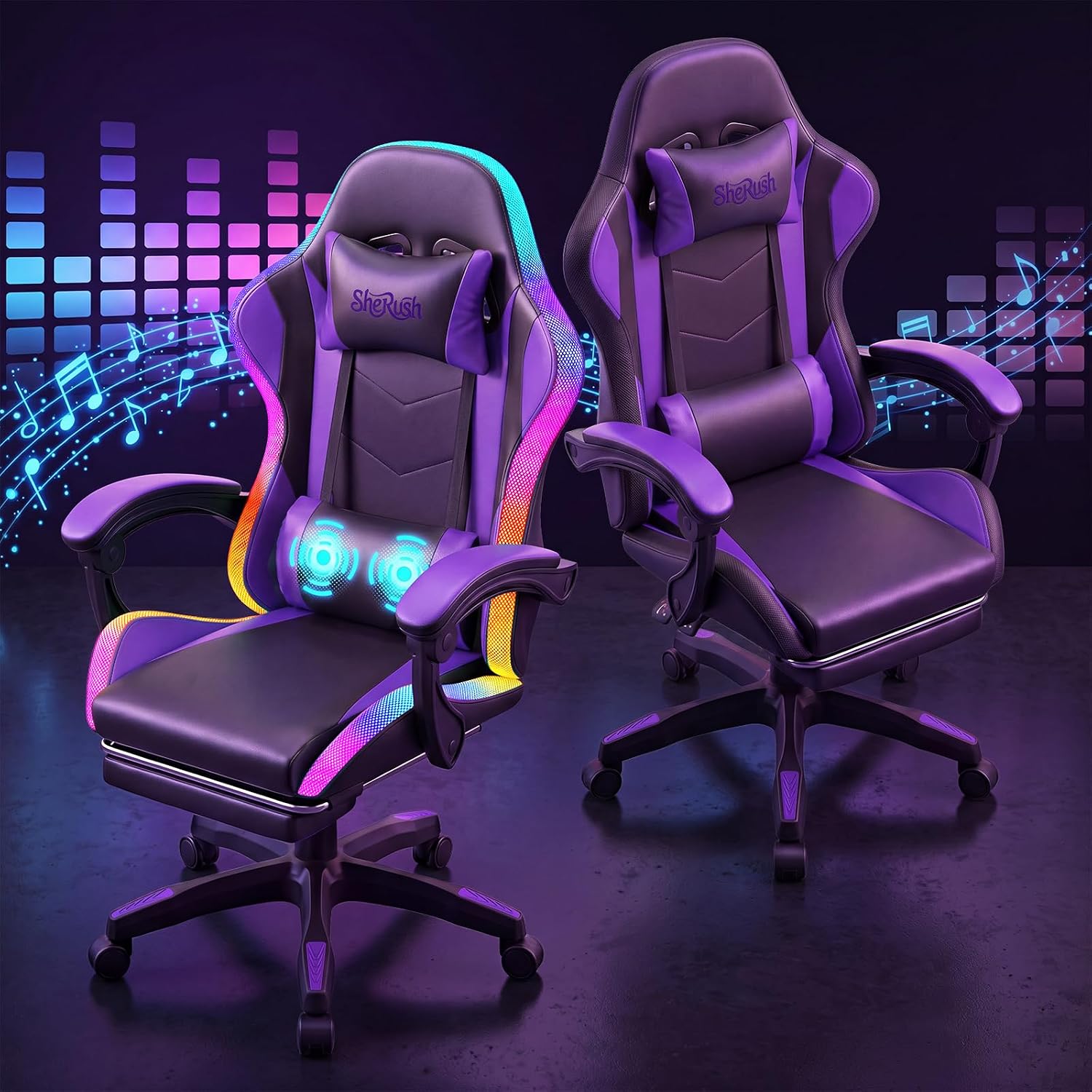 Gaming Chair with RGB LED Lights, Ergonomic Video Game Chair with Footrest, High Back PC Chair, Lumbar Support and Headrest, Reclining Gamer Chair for Adults, 380 lbs Capacity (Purple)