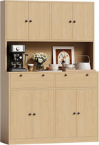 GarveeLife 71" Tall Kitchen Pantry Cabinet with Charging Station – 47" Wide Storage Hutch with Countertop, Microwave Stand, 2 Drawers, and Power Outlet for Dining Room, Living Room, Natural