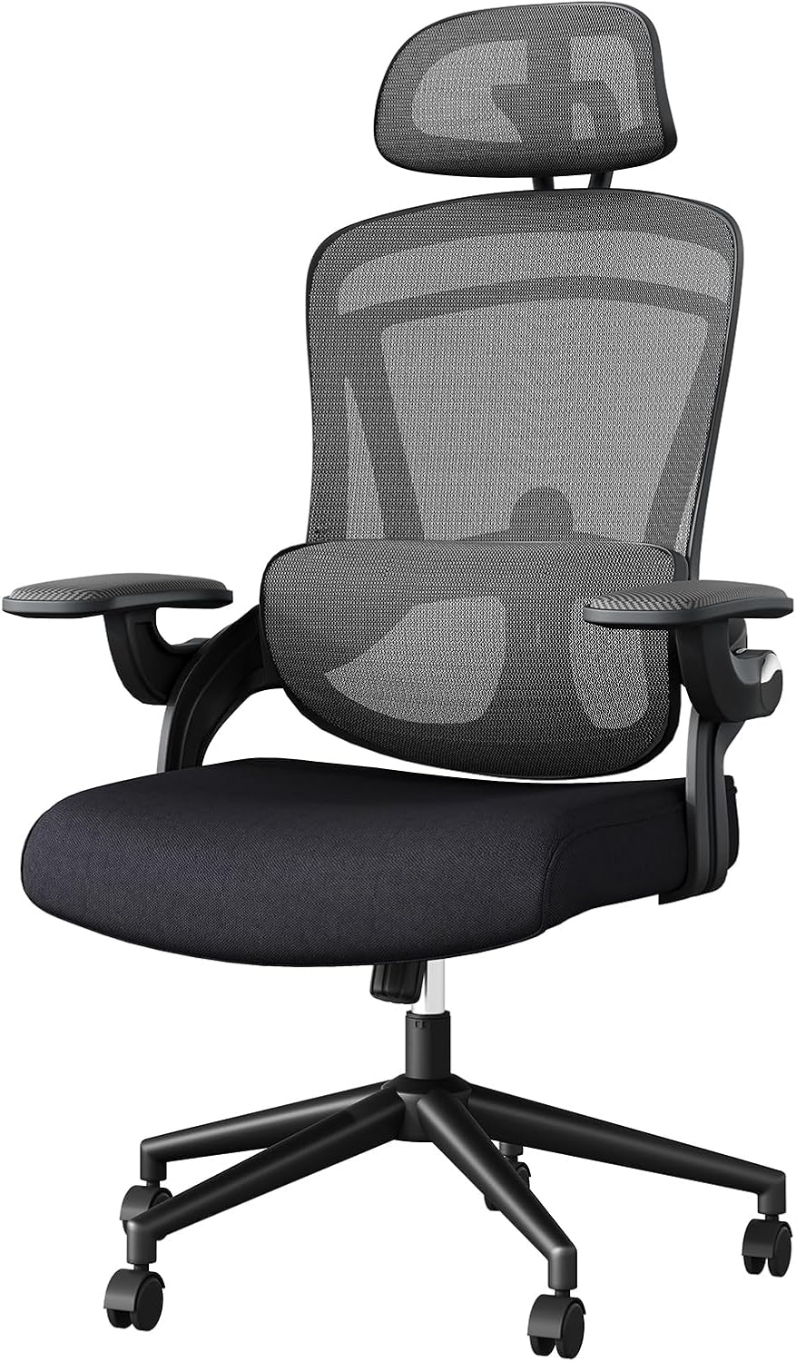 DUMOS Executive Office Ergonomic Desk Chair, 300 LBS Home Mesh Chairs with Wheels, 2D Headrest, Up&Down Lumbar Support, Swivel High Back Computer Chair with Flip-up Armrests, Black