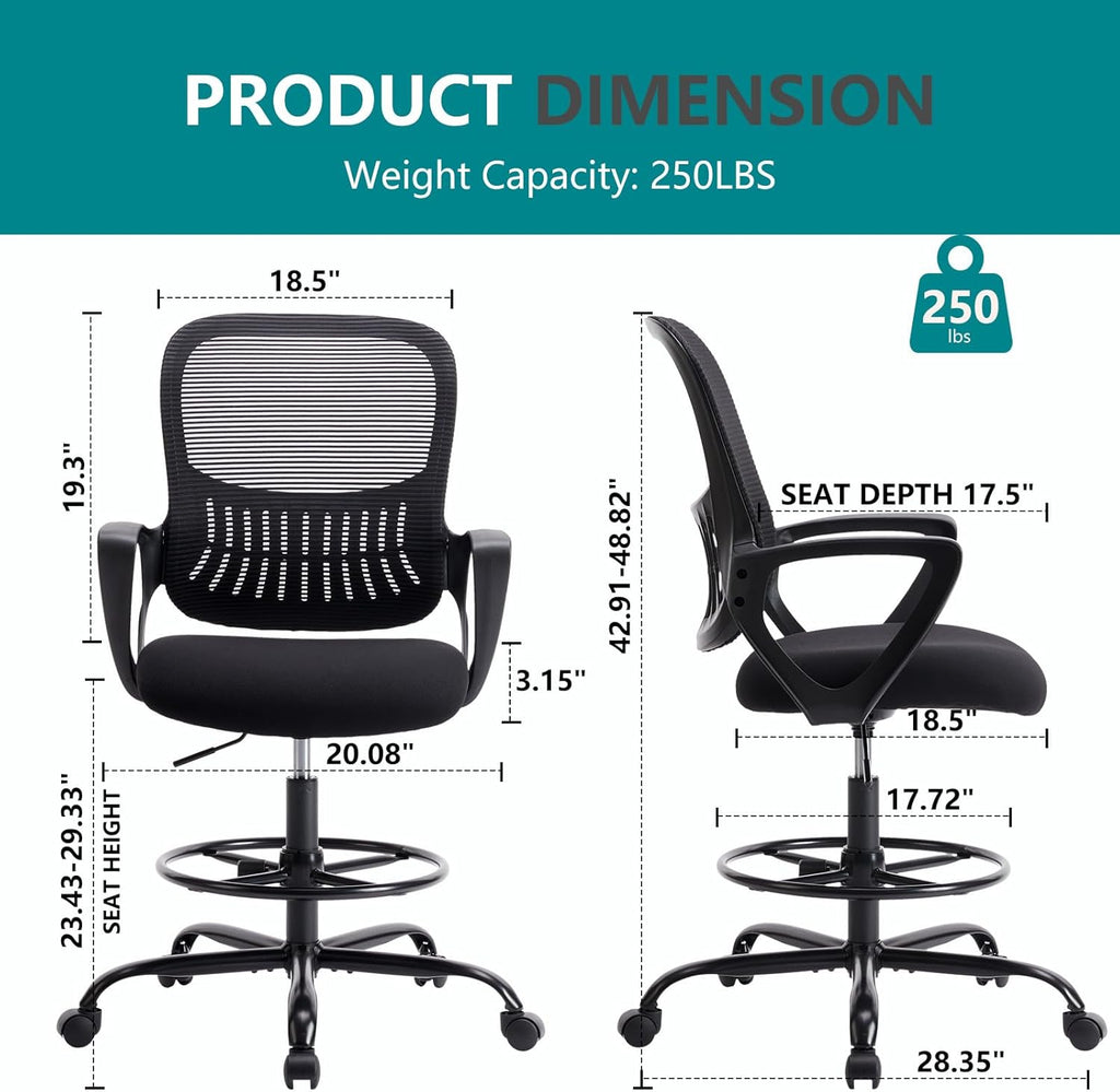 DUMOS Drafting Chair - Counter Height Adjustable Tall Office Desk Chair with Fixed Armrests and Comfortable Lumbar Support for Standing Desk, for Bedroom Livingroom, Black
