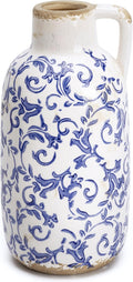 VICTOR & TERESA Blue and White Ceramic Vase for Flowers, Rustic Vase Home Decor for Pampas Grass, Farmhouse Decorative Vases for Mantel, Living Room, Shelf, Centerpieces, 7'', Gifts for Mom
