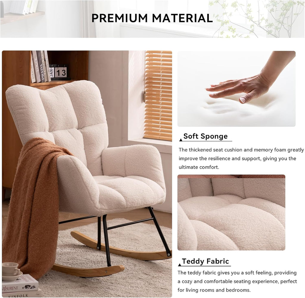 FOXHUNTER Rocking Chair Nursery Teddy Upholstered Glider Rocker High Backrest Nursery Rocker Comfortable Stylish Accent Armchair for Living Rooms Bedrooms Offices (Teddy Ivory)