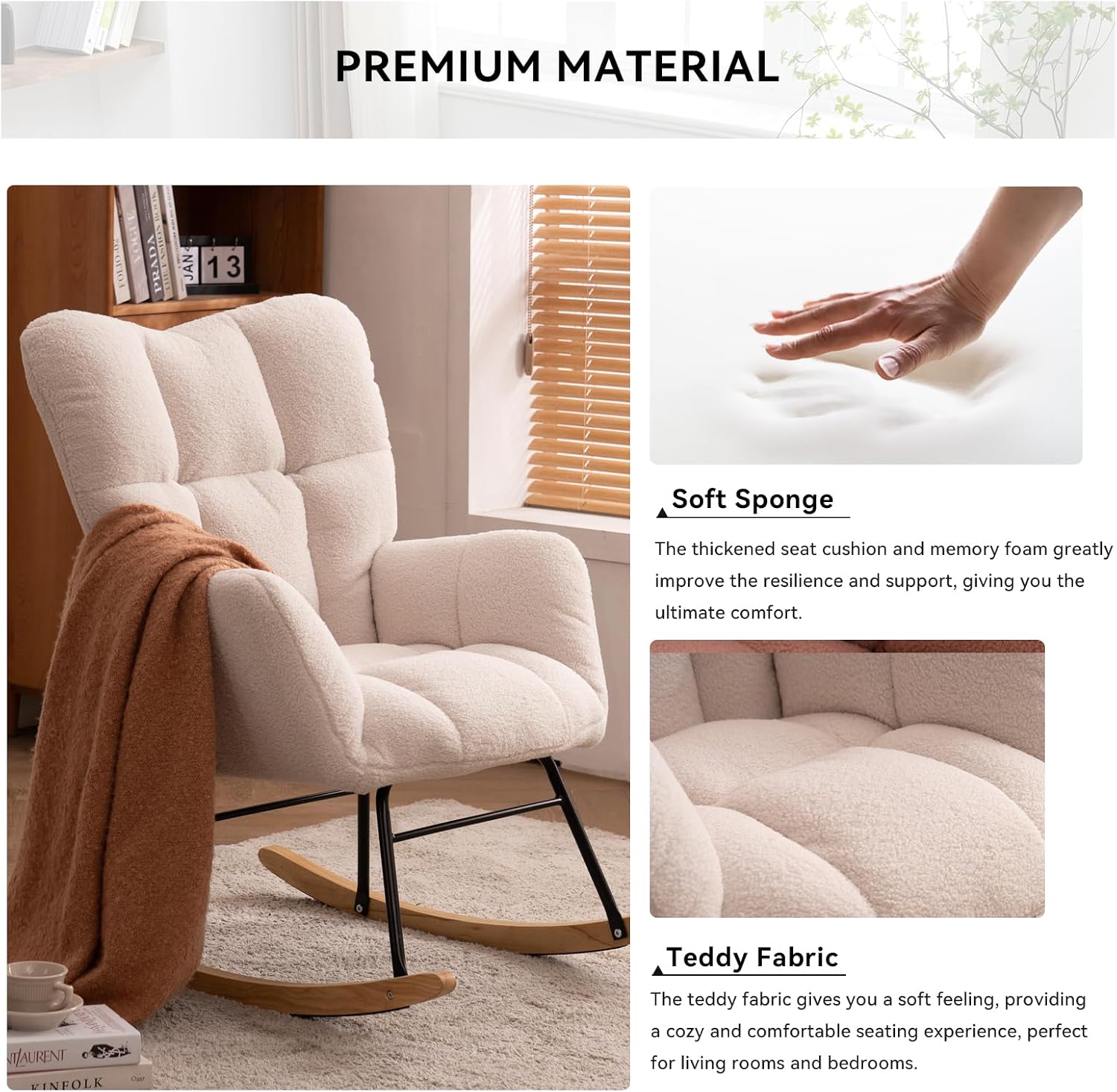 FOXHUNTER Rocking Chair Nursery Teddy Upholstered Glider Rocker High Backrest Nursery Rocker Comfortable Stylish Accent Armchair for Living Rooms Bedrooms Offices (Teddy Ivory)