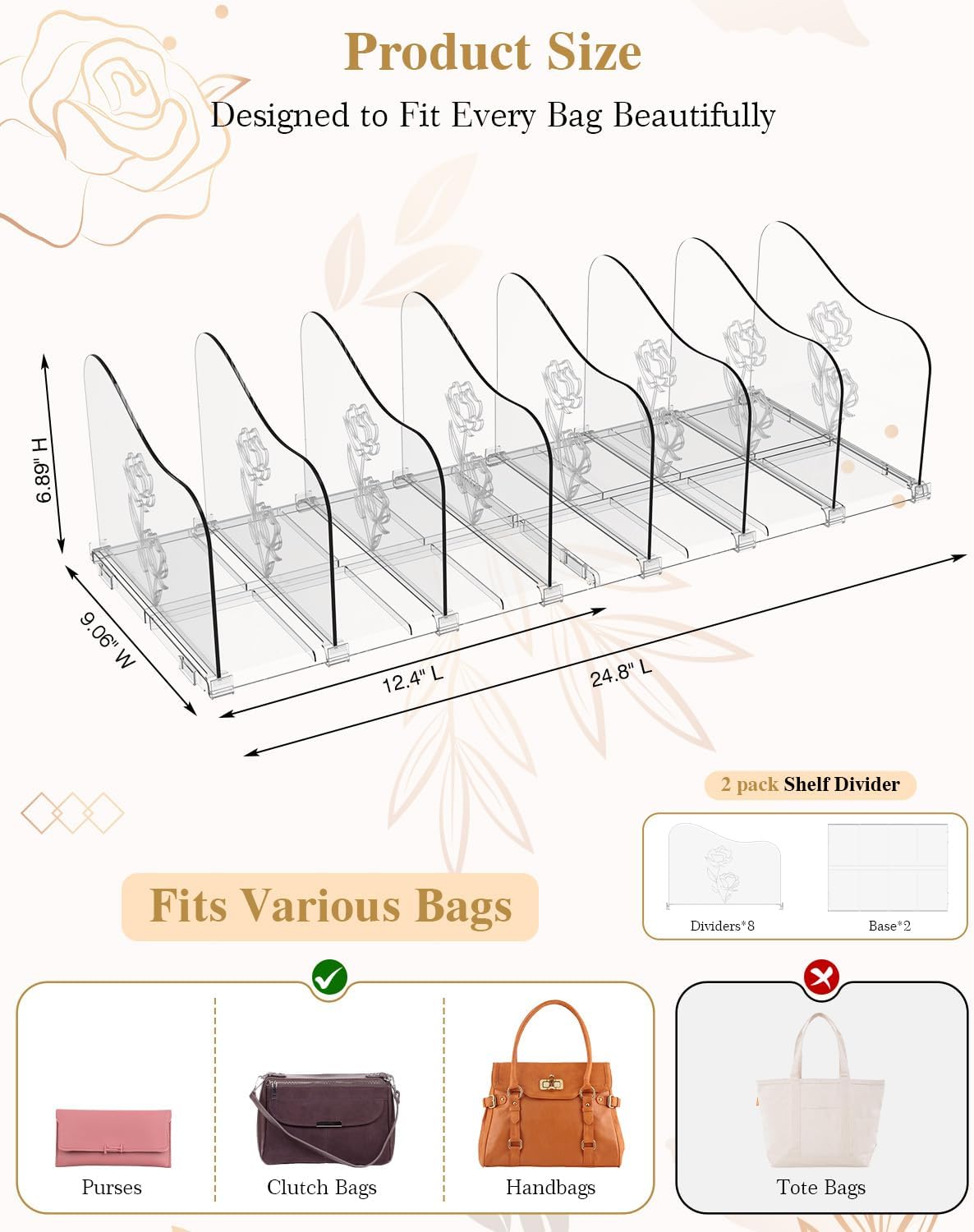 SURETIVIAN Rose Purse Dividers for Closet, 2 Pack Clear Clutch Purse Closet Organizers, Adjustable Handbag Storage Organizers, Plastic Bookshelf Separator Dividers for Bedroom Office