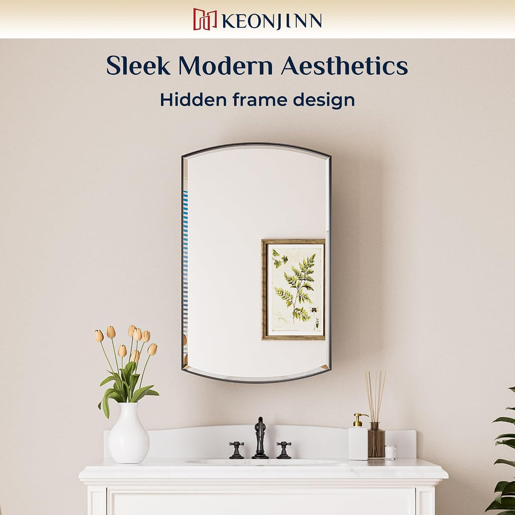 Keonjinn Black Medicine Cabinet with Mirror 20” x 30”, Metal Framed Wall Cabinet with Beveled Mirror, Surface Mount or Recessed Arched Medicine Cabinet for Bathroom,Bathroom Mirror with Storage