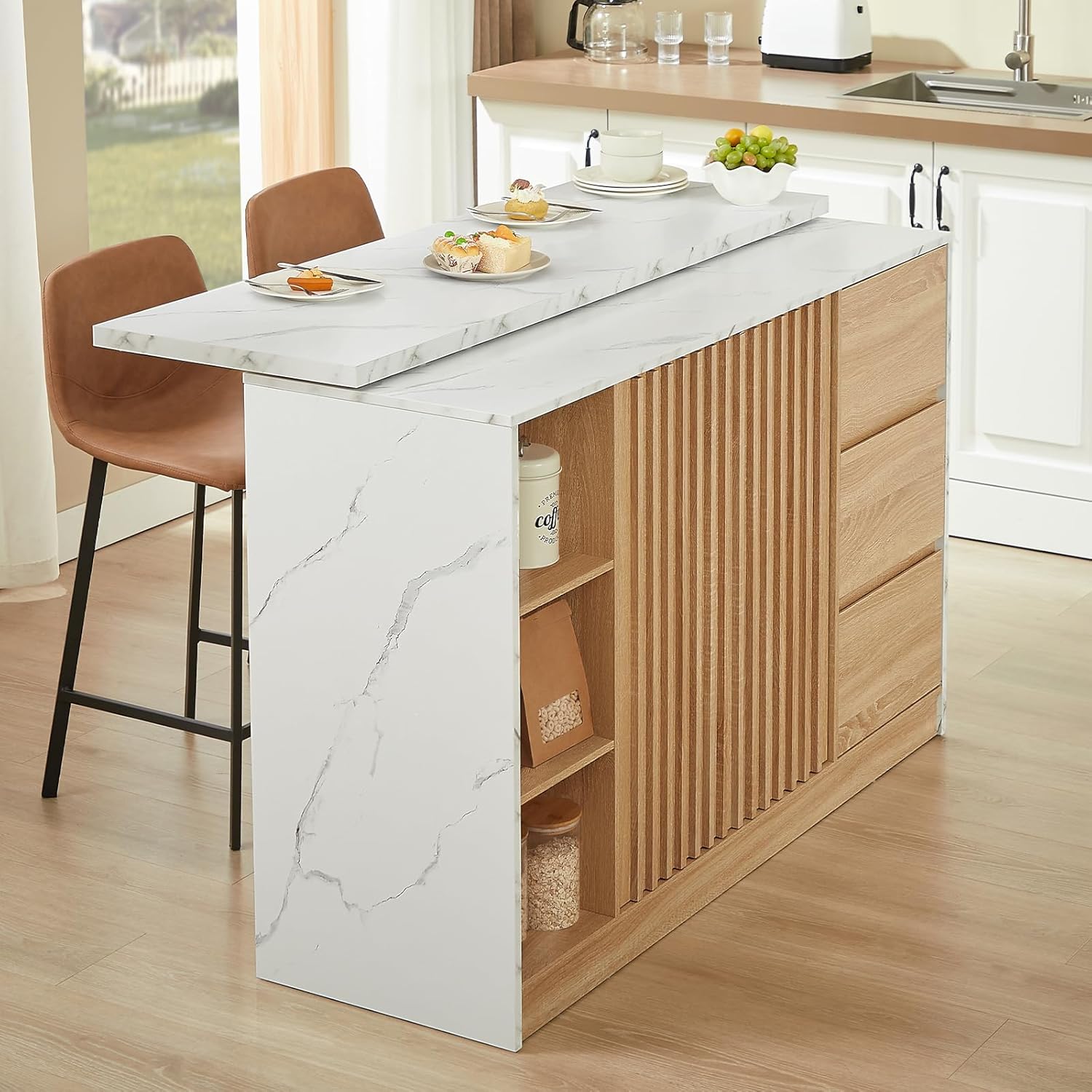 ONBRILL 55" Kitchen Island with Storage, Island Table with Sliding Extendable Countertop, Kitchen Island with Power Outlet for Kitchen, Dining Room, Living Room, White