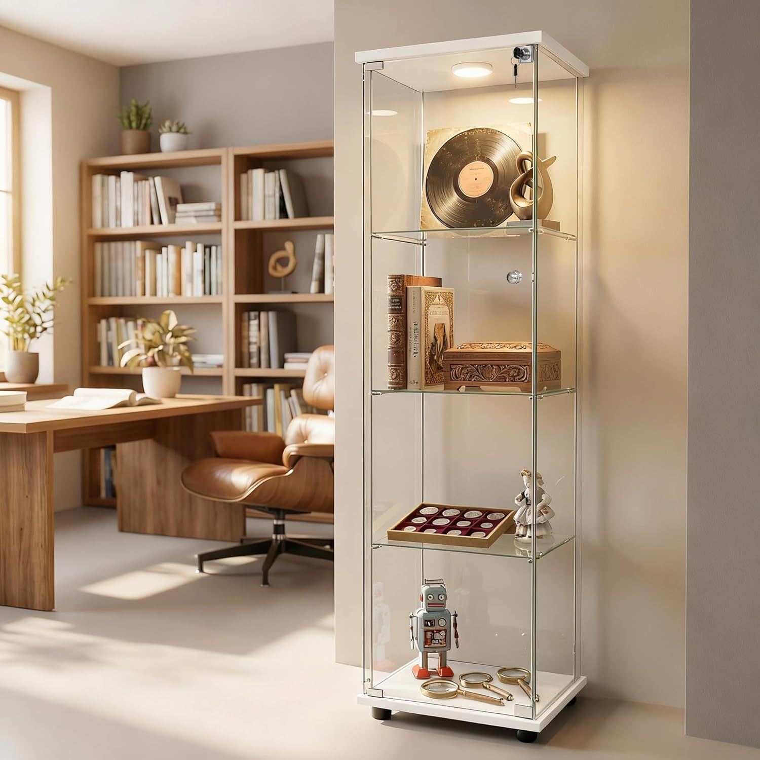 Display Cabinet with Glass Door and LED Light, 4-Shelf Glass Display Case, Curio Cabinet for Collectibles/Toys/Books,White 64.6" H X 13.6" W X 15.7" L