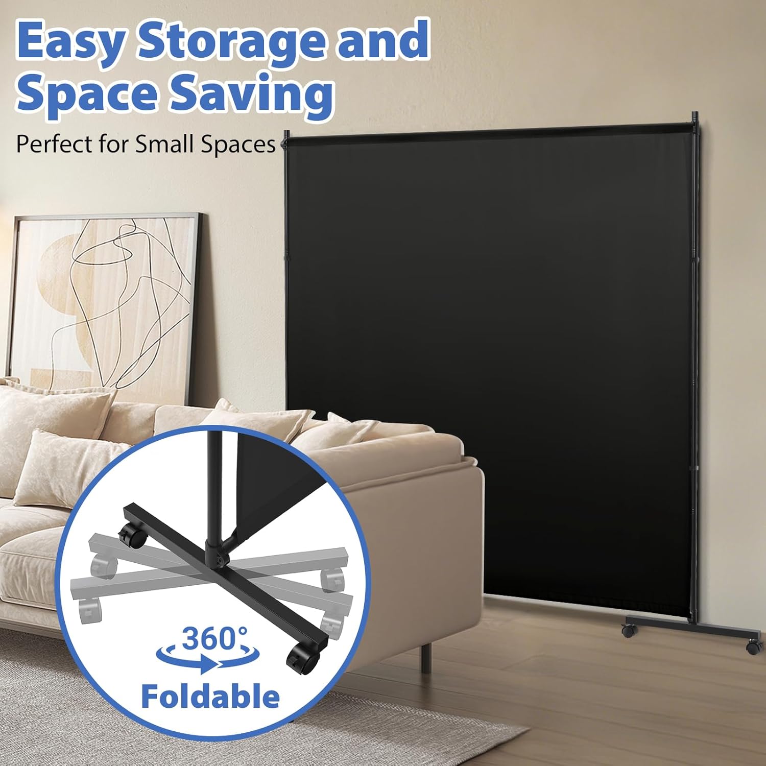 Large Single Panel Room Divider, 73" x 75" Freestanding Privacy Screen with Wheels, Thickened Fabric Partition Wall for Room Separation, Portable Room Separator for Indoor Office, Bedroom,Patio