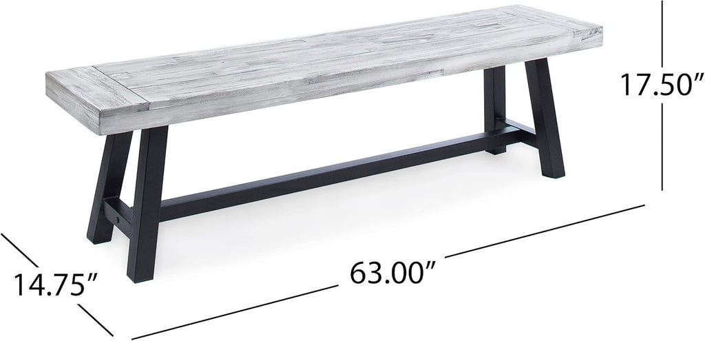 Light Grey Sandblast Finish Acacia Wood Dining Bench with Black Rustic Metal Finish Frame