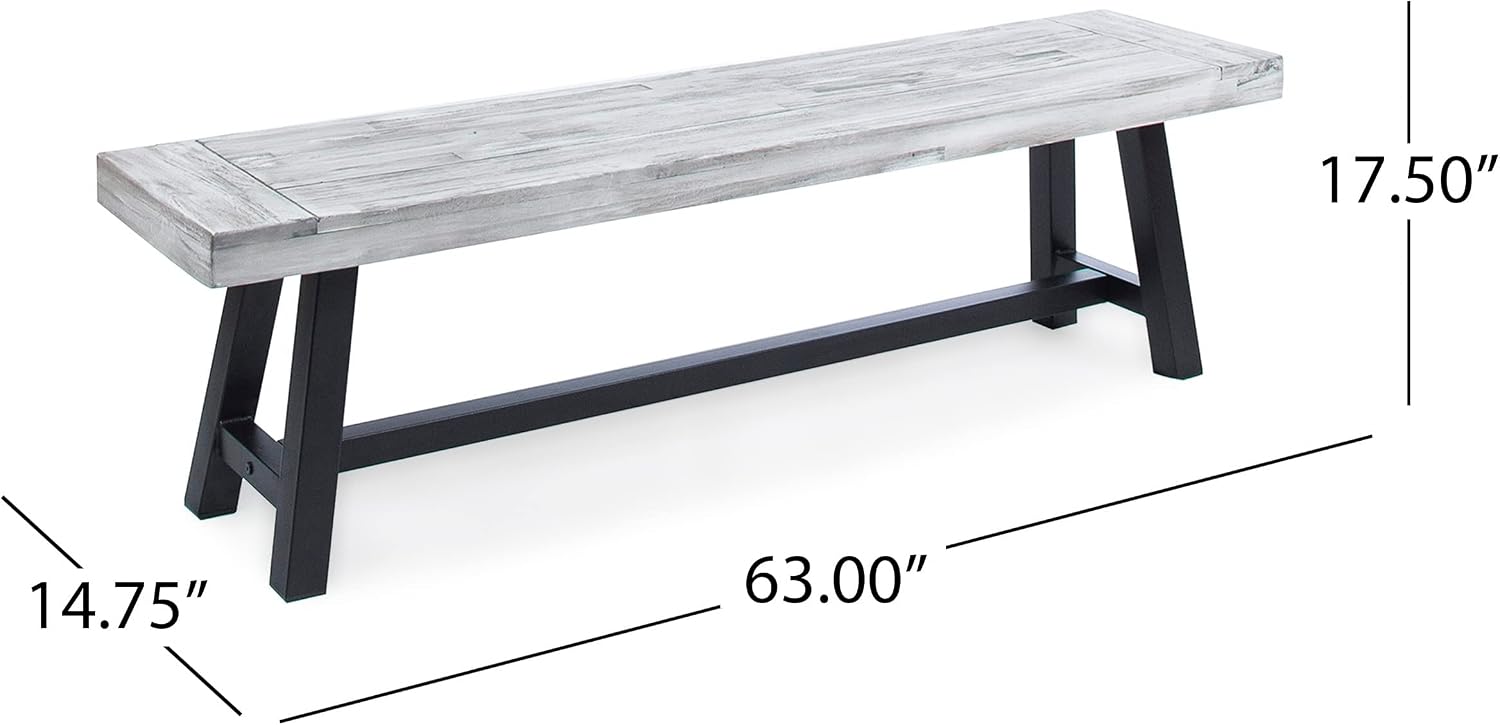 Light Grey Sandblast Finish Acacia Wood Dining Bench with Black Rustic Metal Finish Frame