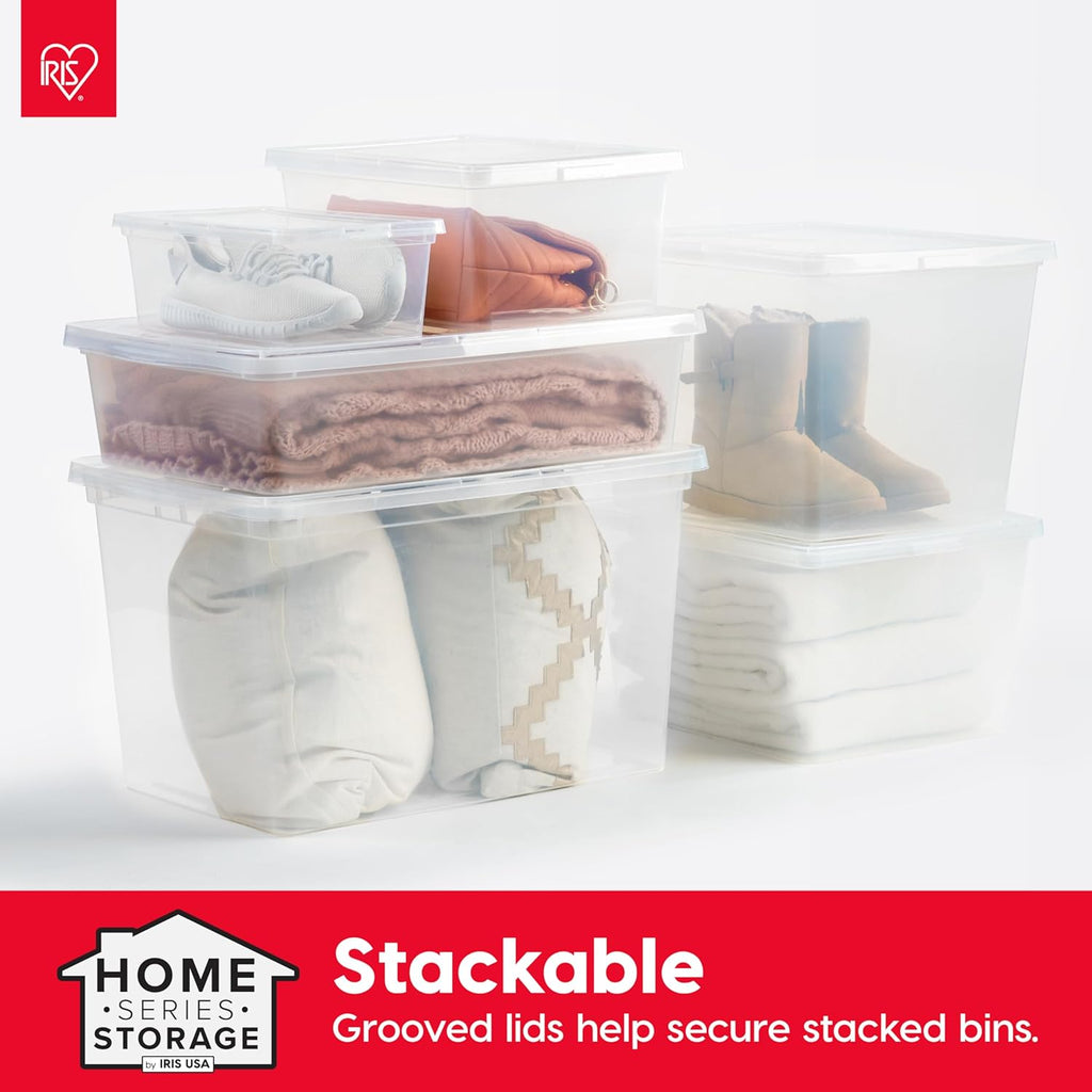 IRIS USA 12-Pack Plastic Storage Bins with Lids, 7 Quart Stackable Clear Organizing Containers, Durable BPA-Free Latching Boxes for Home, Office, Garage & Closet Organization, Medium Size, Clear