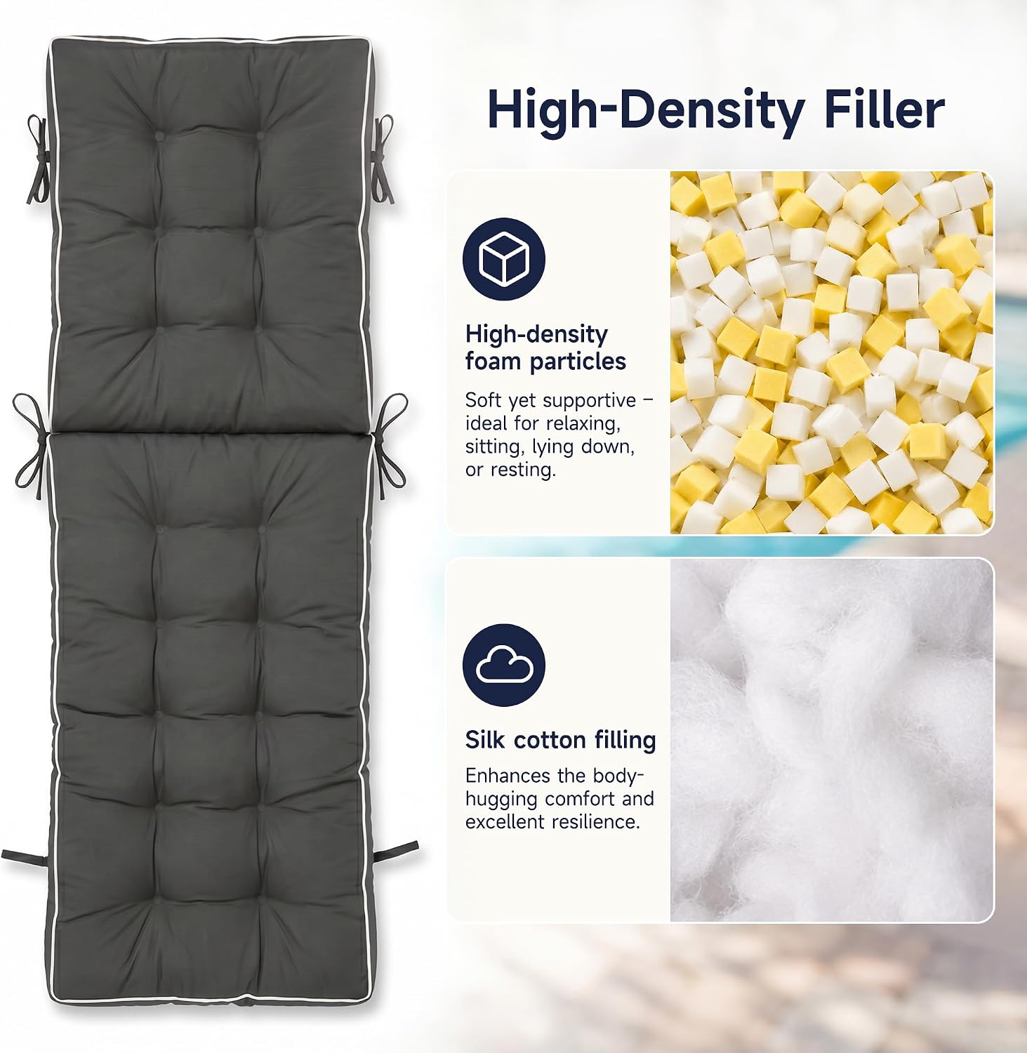 Chaise Lounge Cushion 72x21 Inch Quick Dry - 2 Pack Outdoor Sun Lounger Seat Pad with Shredded Foam for Patio Furniture, Poolside