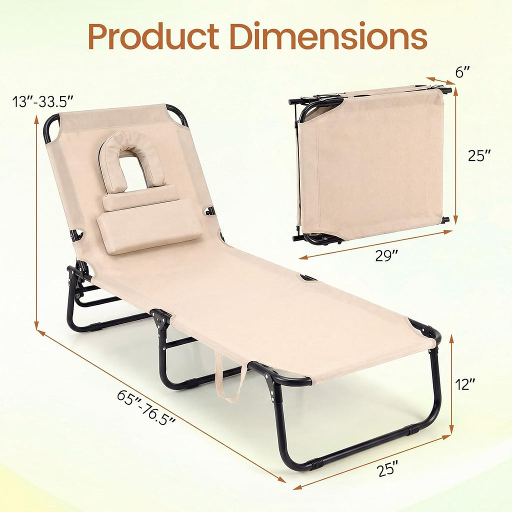 COSTWAY Tanning Chair with Face Hole, Pillows & Adjustable Backrest, Folding Chaise Lounge for Sunbathing, Beach, Seaside (1, Beige)