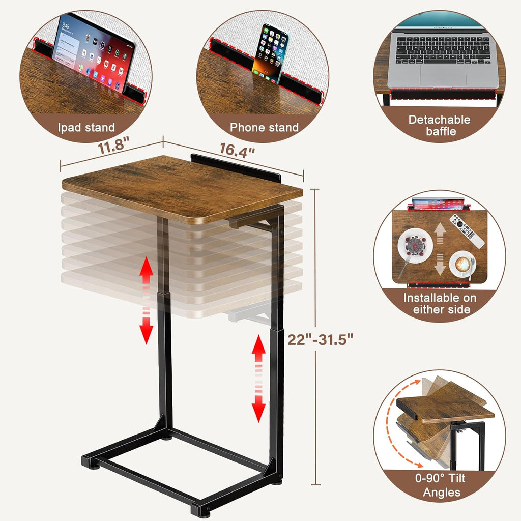 IHAITUN Tv Tray Table, Adjustable Height Couch Narrow Side Table,90° Tilt Angle Foldable End Table, Laptop Table with Phone & Tablet Slot Dinner Tray Desk for Living Room Table Sets (Brown)