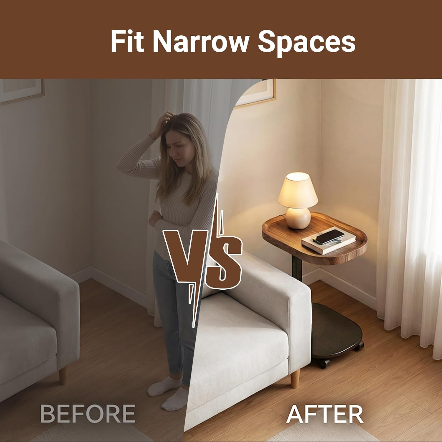 Adjustable Height TV Tray Table for Snack, Eating, Dinner or Laptop, 360°Rolling C Shaped End Table for Couch, Sofa, Chair, Bed, Perfect for Small Places, Livingroom, Bedroom