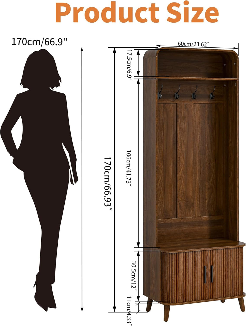 LUVIOHOME Hall Tree with Shoes Bench and Storage, Entryway 66.9" Storage Bench with Coat Rack，Arch Coat Rack with 4 Hooks and 2 Fluted Doors，Multi-Purpose Home Organizer (Walnut)