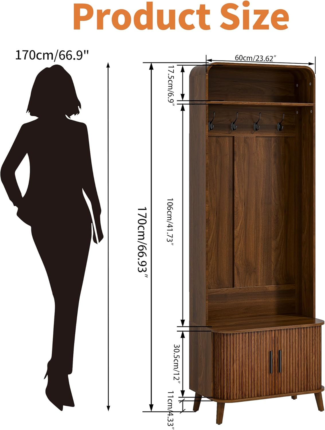 LUVIOHOME Hall Tree with Shoes Bench and Storage, Entryway 66.9" Storage Bench with Coat Rack，Arch Coat Rack with 4 Hooks and 2 Fluted Doors，Multi-Purpose Home Organizer (Walnut)
