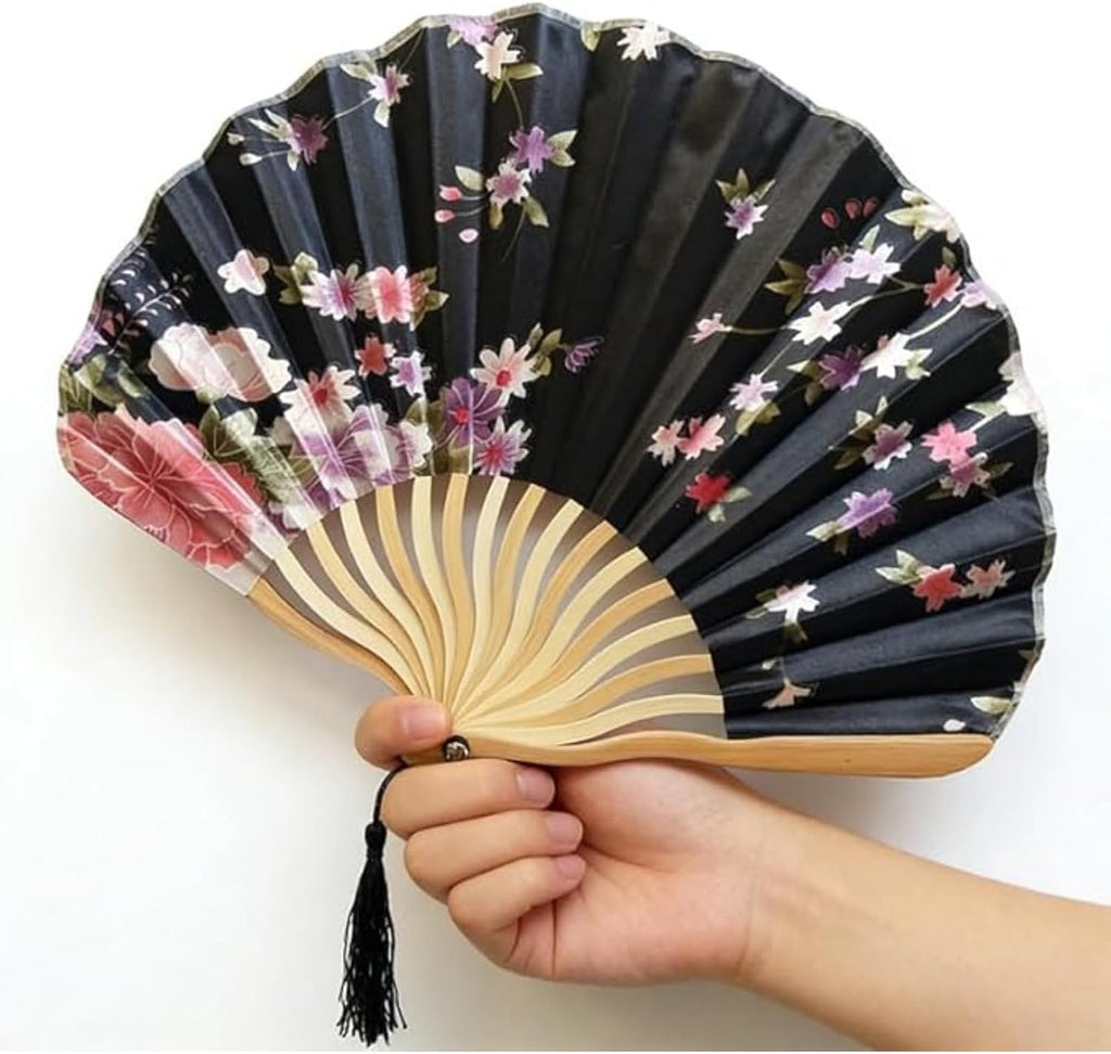 Floral Folding Hand Fan – Elegant Black Silk Cherry Blossom Fan with Tassel, Portable Vintage Fan for Women, Wedding, Cosplay, Photography Props & Home Deco