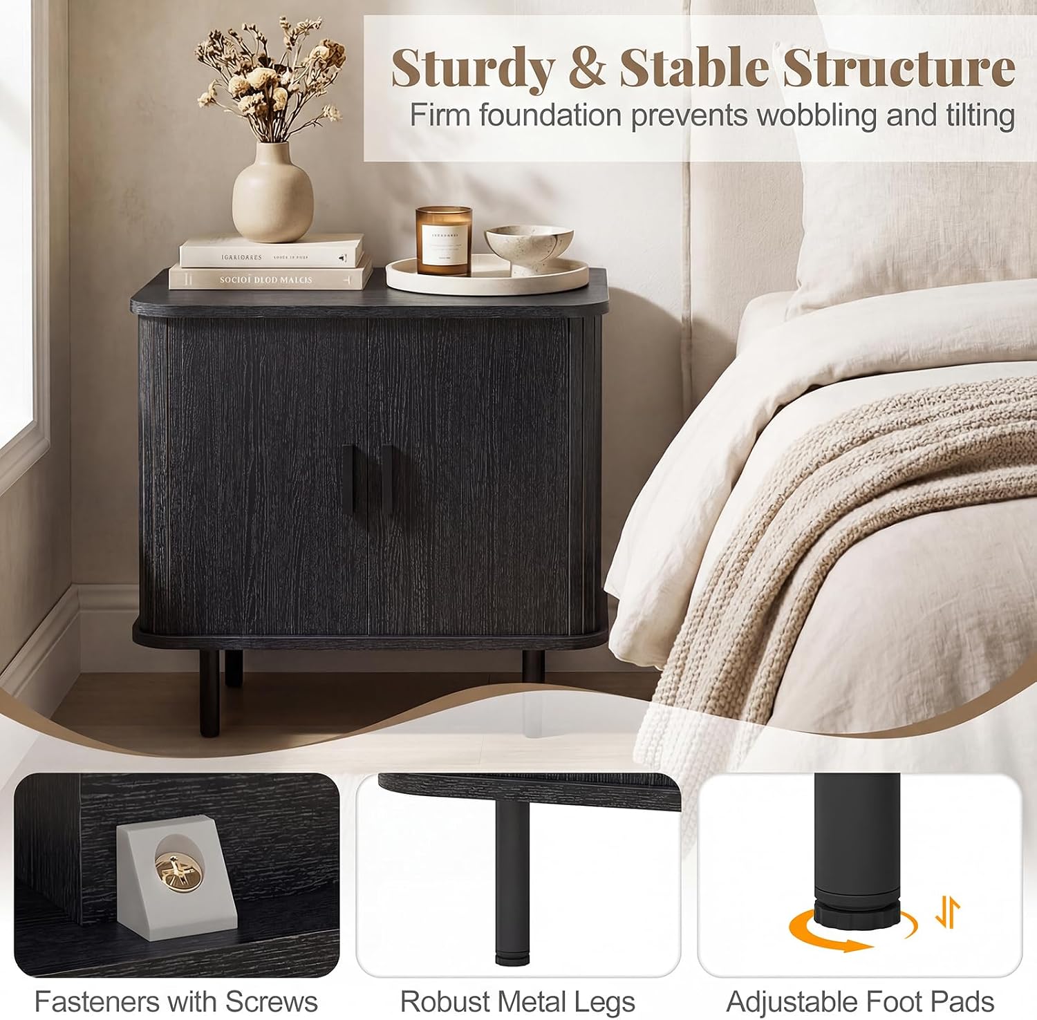 Giantex 24’’ Large End Table Set of 2, Mid Century Modern Nightstand w/Fluted Sliding Doors & Storage Shelves, Farmhouse Accent Bedside Night Stand, Wood Sofa Side Table for Living Room Bedroom, Black