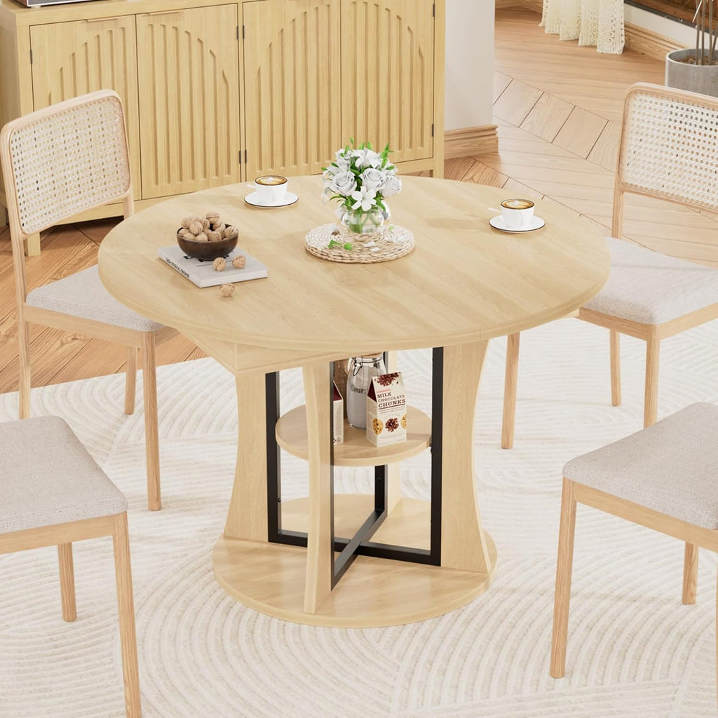 AwayHome 43.3''-59'' Extendable Round Dining Table for 4-8, Modern Kitchen Expandable Dining Table with Storage, Space Saving Circle Oval Kitchen Table with Leaf for Dining Room Living Room
