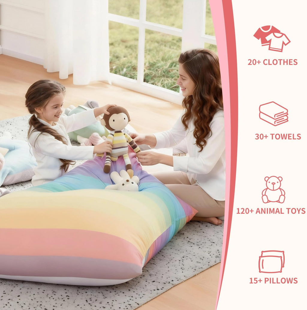 Stuffed Animal Storage Bean Bag Chair Cover for Kids Teens (No Filler) 250L Washable Large Beanbag Cover for Kids Room Organizing Plush Toys or Home Living Room Textile,Rainbow