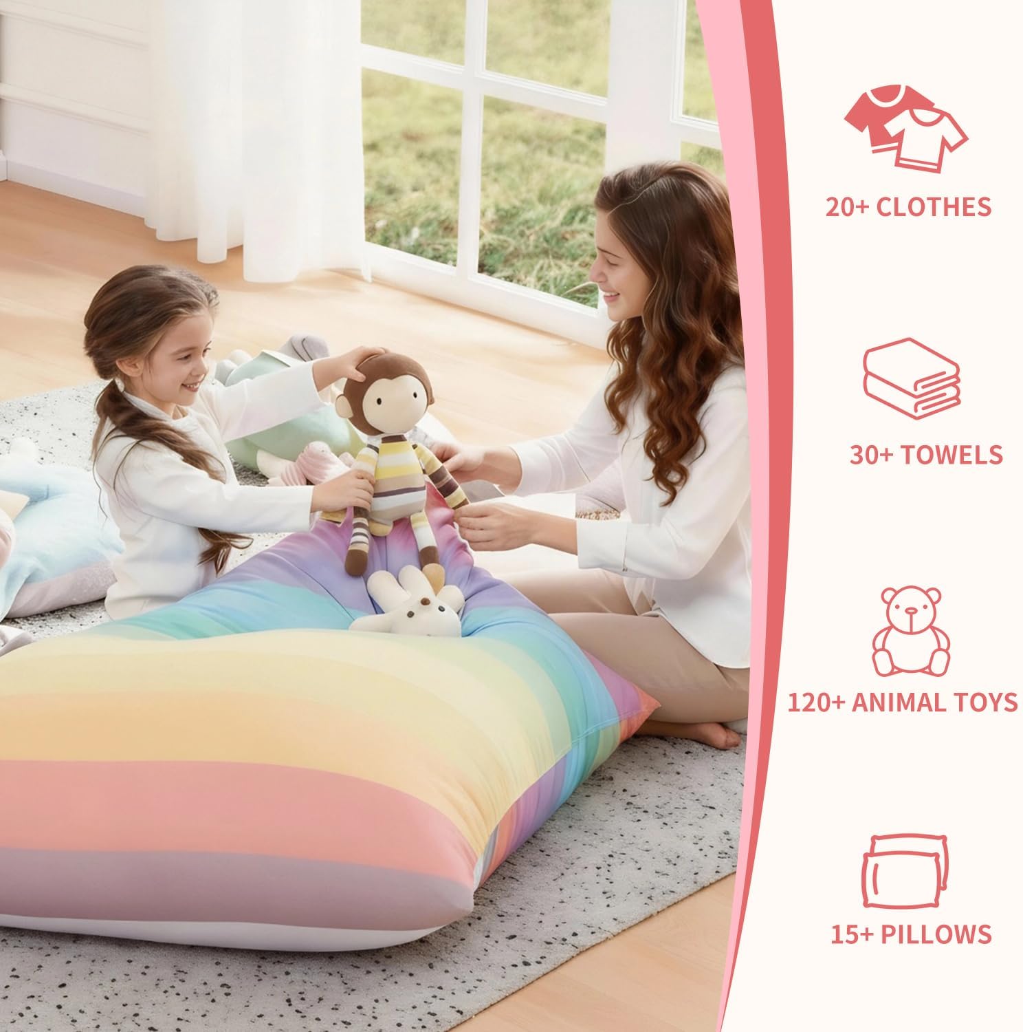 Stuffed Animal Storage Bean Bag Chair Cover for Kids Teens (No Filler) 250L Washable Large Beanbag Cover for Kids Room Organizing Plush Toys or Home Living Room Textile,Rainbow