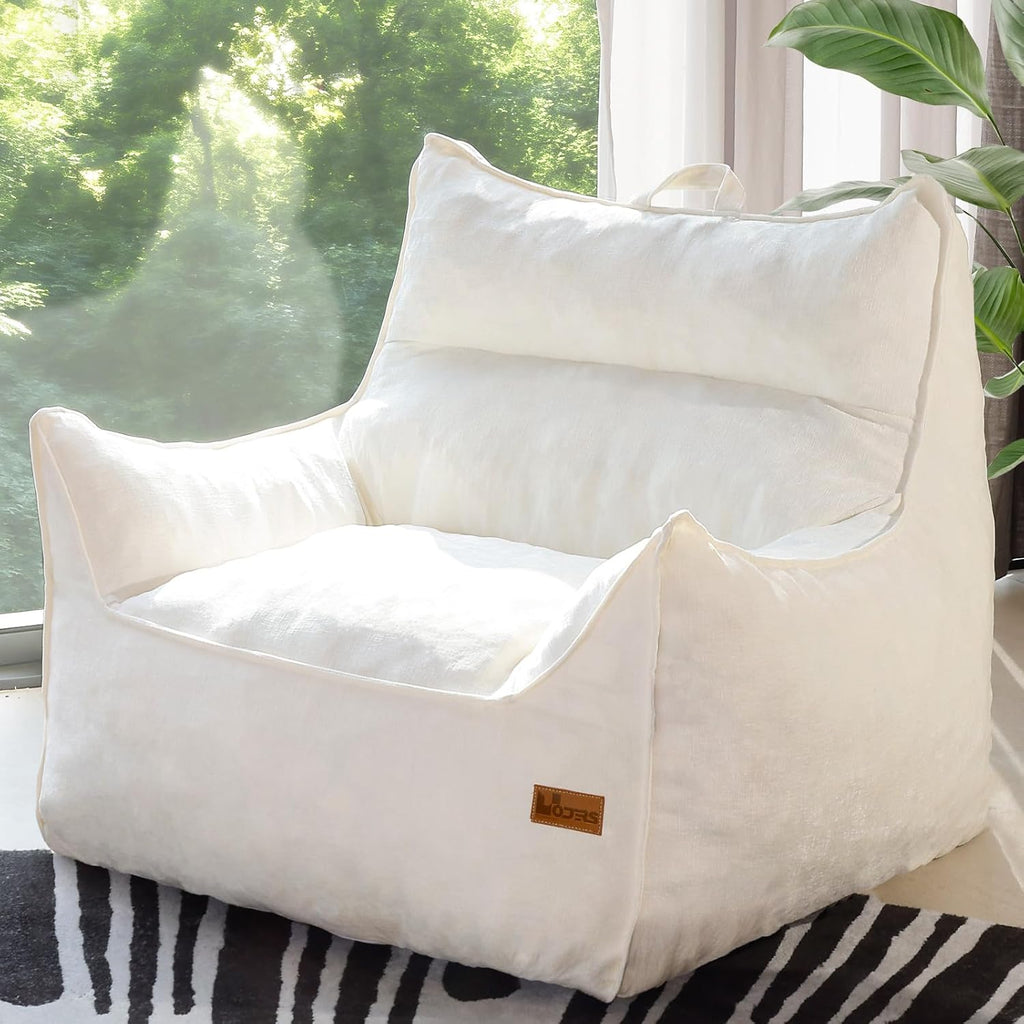 Oversized Fluffy Bean Bag Chair for Adults – Giant Cozy Bean Bag Sofa Chair with Armrests, Handle & Non-Slip Base for Your Reading Nook, Bedroom or Living Room(White-XL)