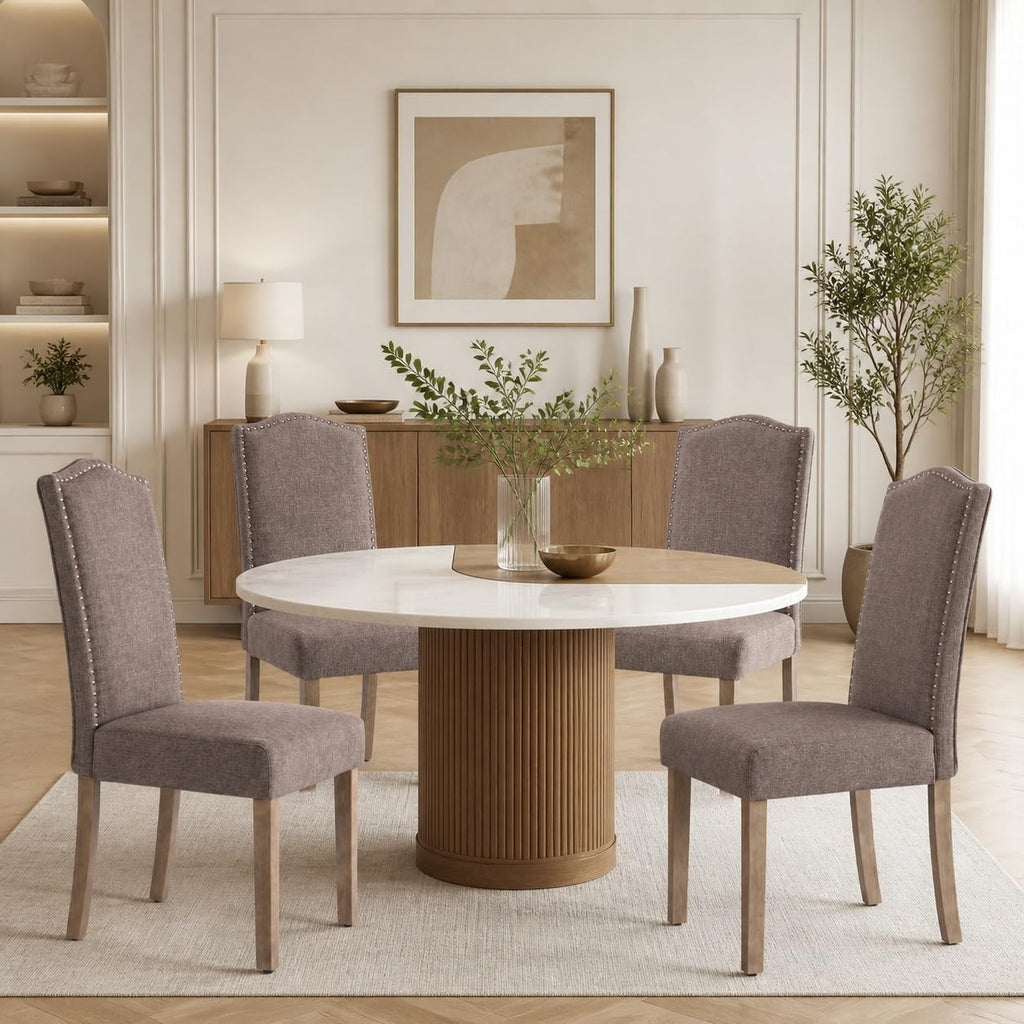 Upholstered Dining Chair Modern Stylish Parsons Kitchen Diner High Back with Silver Nailhead Trim & Wood Legs, Set of 4, Fabric Brown
