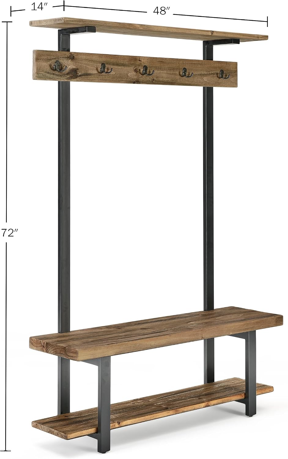 Alaterre Furniture Pomona Entryway Hall Tree – Modern Farmhouse 48-Inch Solid Wood Hall Tree with Bench, Shelves & Metal Coat Hooks – Mudroom & Foyer Storage for Jackets, Bags & Shoes (Rustic Brown)