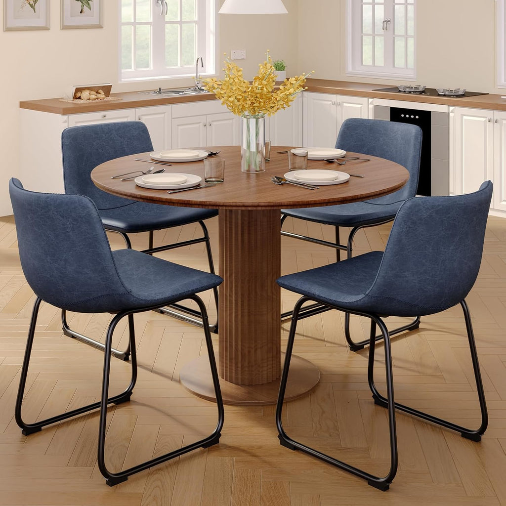 Dining Chairs Set of 2, 18 Inch Faux Leather Kitchen Chairs with Back, Modern Armless Dining Room Chair with Metal Legs for Home Bistro Coffee Shops (Blue)