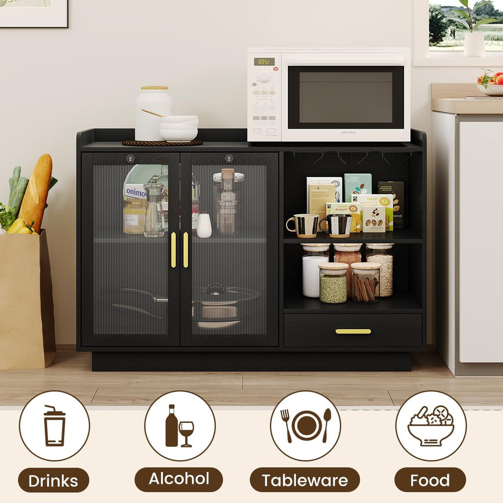 COCO DESIGN Modern Wine Bar Cabinet with LED Light & Locked Fluted Door, Black Floating Coffee Bar with Power Outlets & Glass Rack, Buffet Sideboard with Removable Wine Rack and Drawer for Living Room