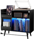 Upgraded Large Black Record Player Stand -Turntable Stand Shelf with with Power Outlet and LED Light,Vinyl Record Storage Cabinet Up to 350 Albums,Wood Record Player Holder Table for Living Room