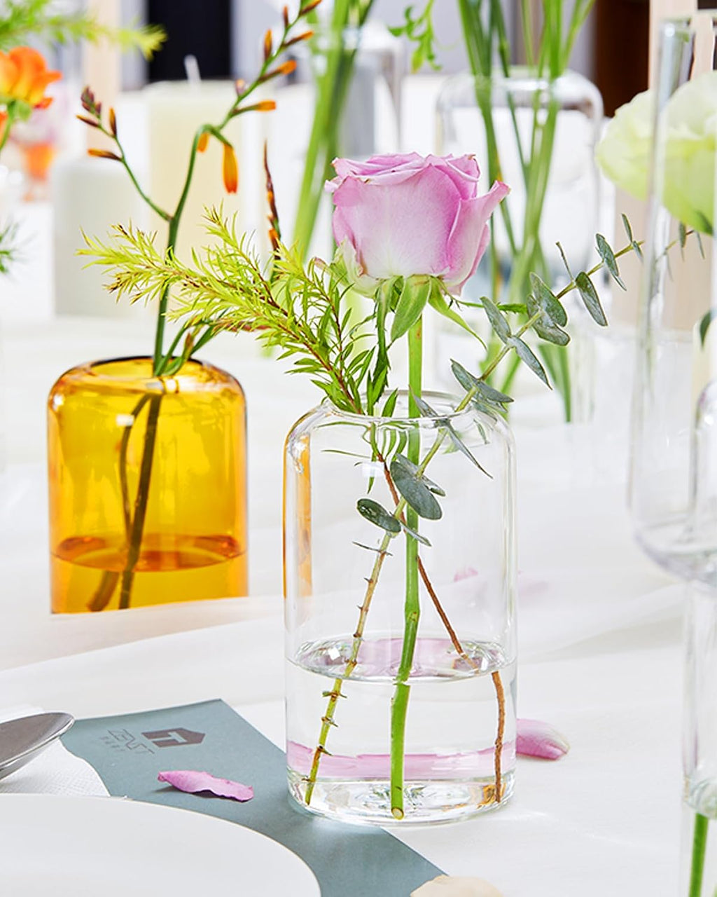 ZENS Bud Vases in Bulk Set of 16, Modern Small Glass Vases for Flower Clear Bud Vases for Wedding Centerpiece, Modern Blown Small Vase for Flowers, Wedding Party Events Decorative Home Decor