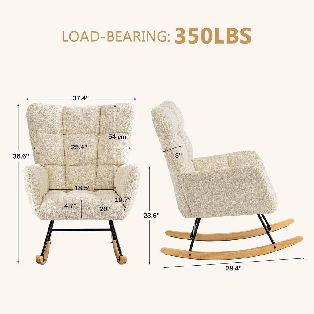 Furniliving Nursery Rocking Chair Upholstered Glider Rocking Chair Modern Accent Chair Padded Seat Reading Chair with High Backrest Comfy Chair for Living Room, Bedroom, Nursery, White, Teddy
