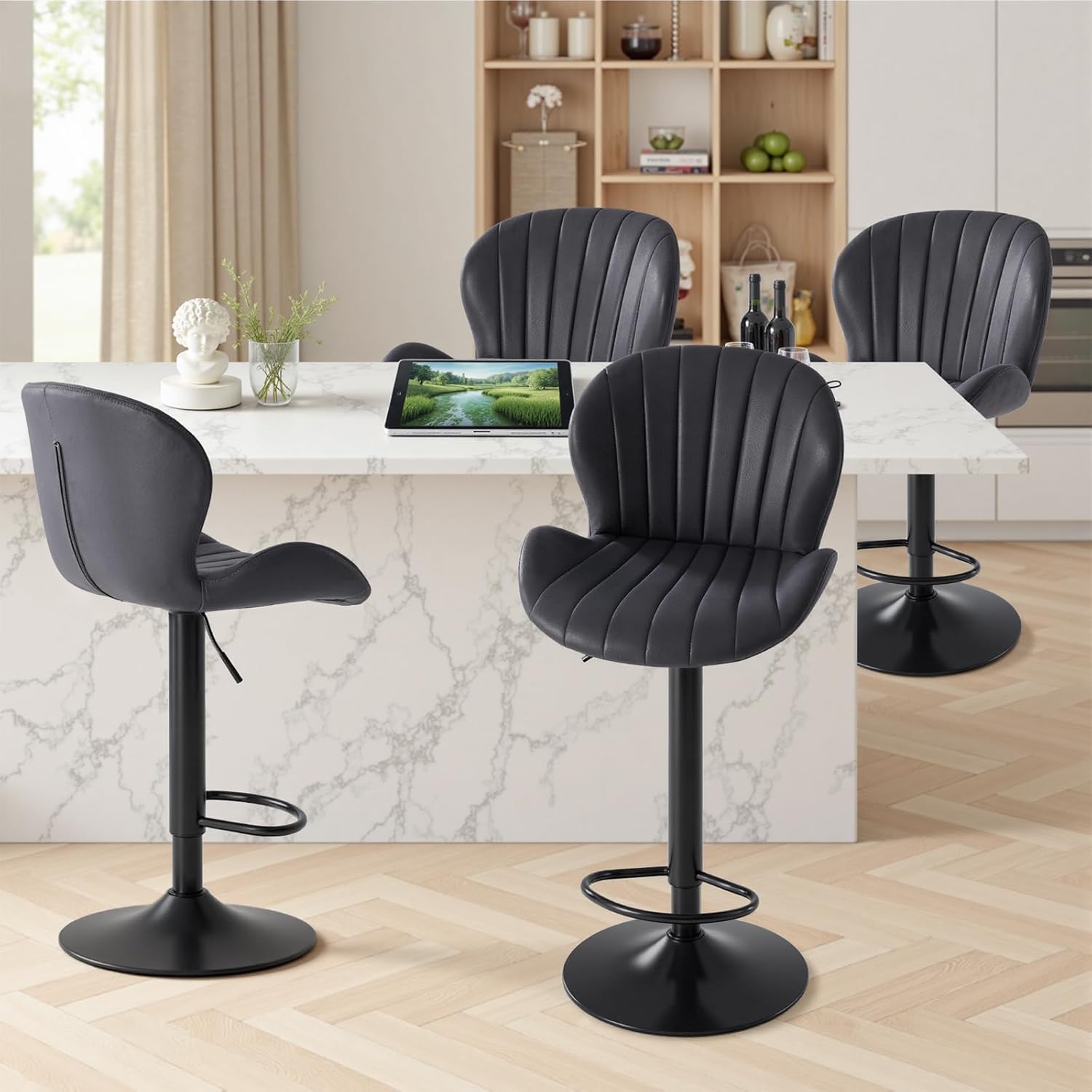 Sweetcrispy Bar Stools Set of 4, Modern Swivel Bar Chairs, Adjustable Fabric Upholstered Barstools Counter Height with Backrest for Kitchen Island, Dining Room, Black