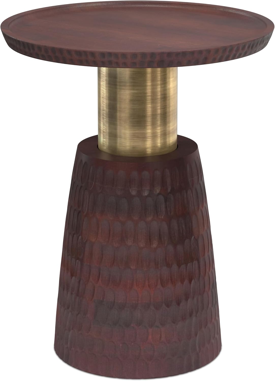 SIMPLIHOME Breanna End Table - 16 inch Wide Solid Mango Wood and Metal Round Accent Table with Textured Base in Walnut Brown and Antique Gold, Contemporary Nightstand for Living Room or Bedroom