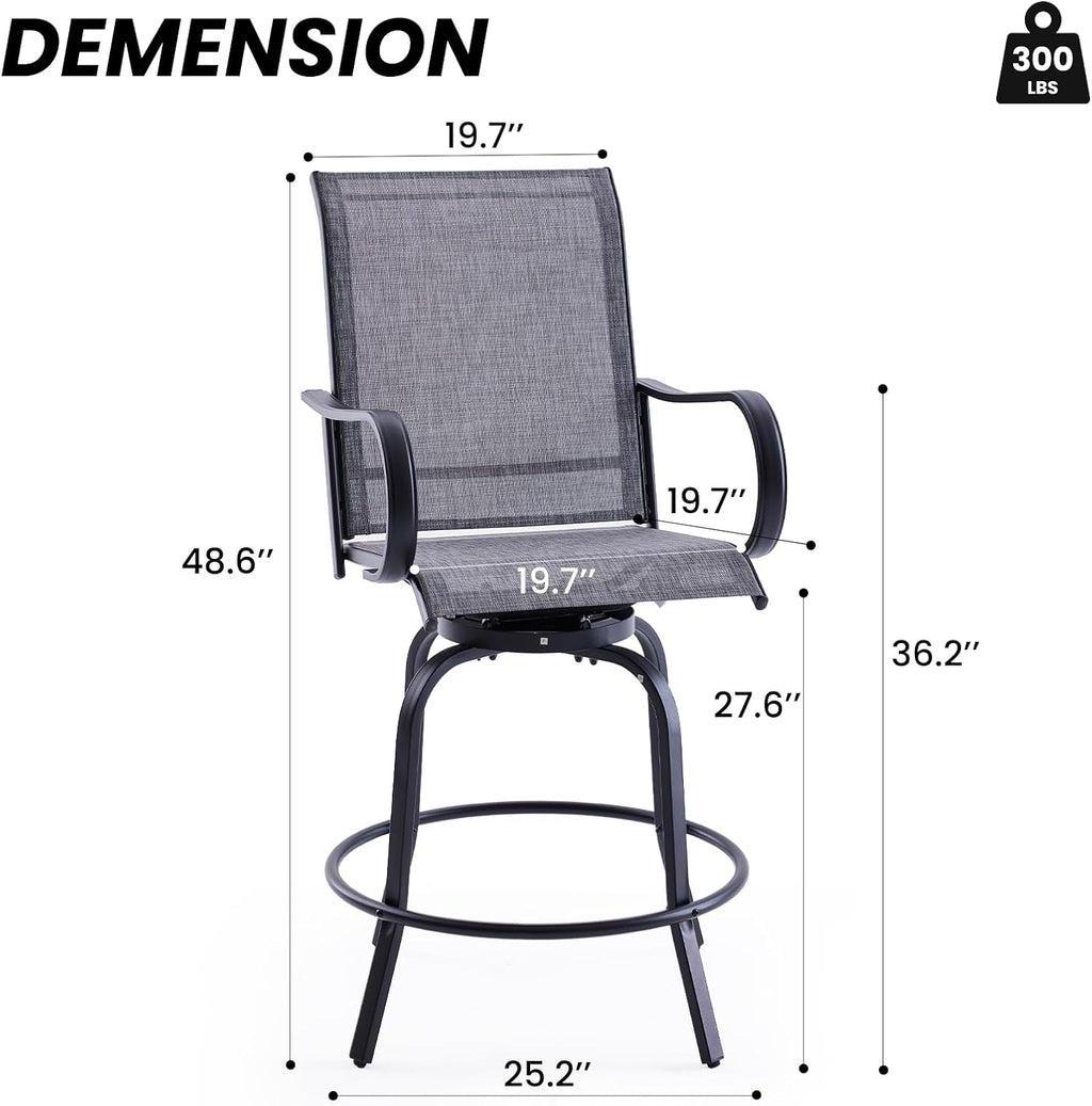 Patio Swivel Bar Stools Set of 4，All-Weather Outdoor High Bistro Stools with Textilene Fabric for Outside, Beach, Lawn, Poolside and Garden (Grey/Brown)
