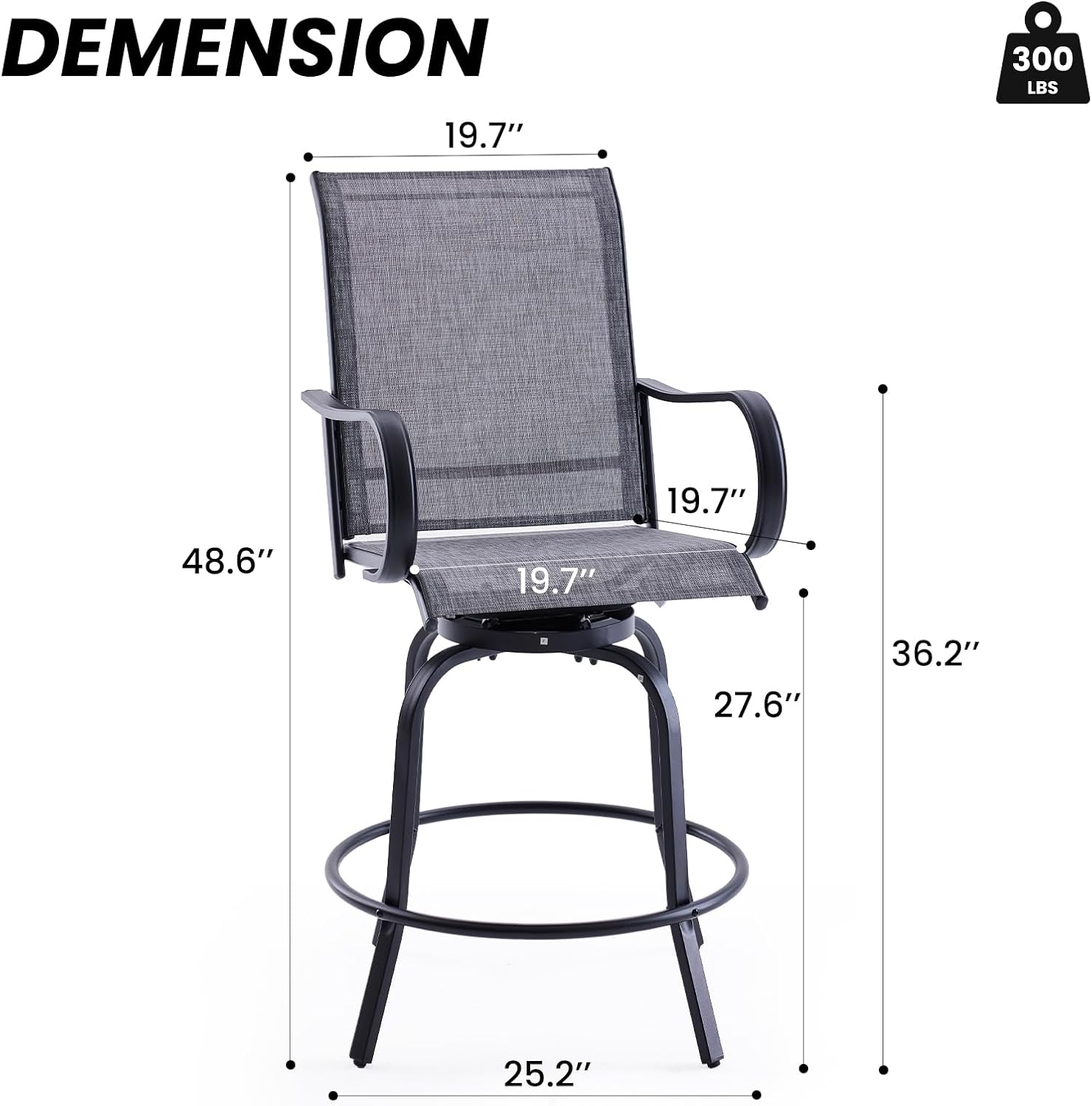 Patio Swivel Bar Stools Set of 4，All-Weather Outdoor High Bistro Stools with Textilene Fabric for Outside, Beach, Lawn, Poolside and Garden (Grey/Brown)