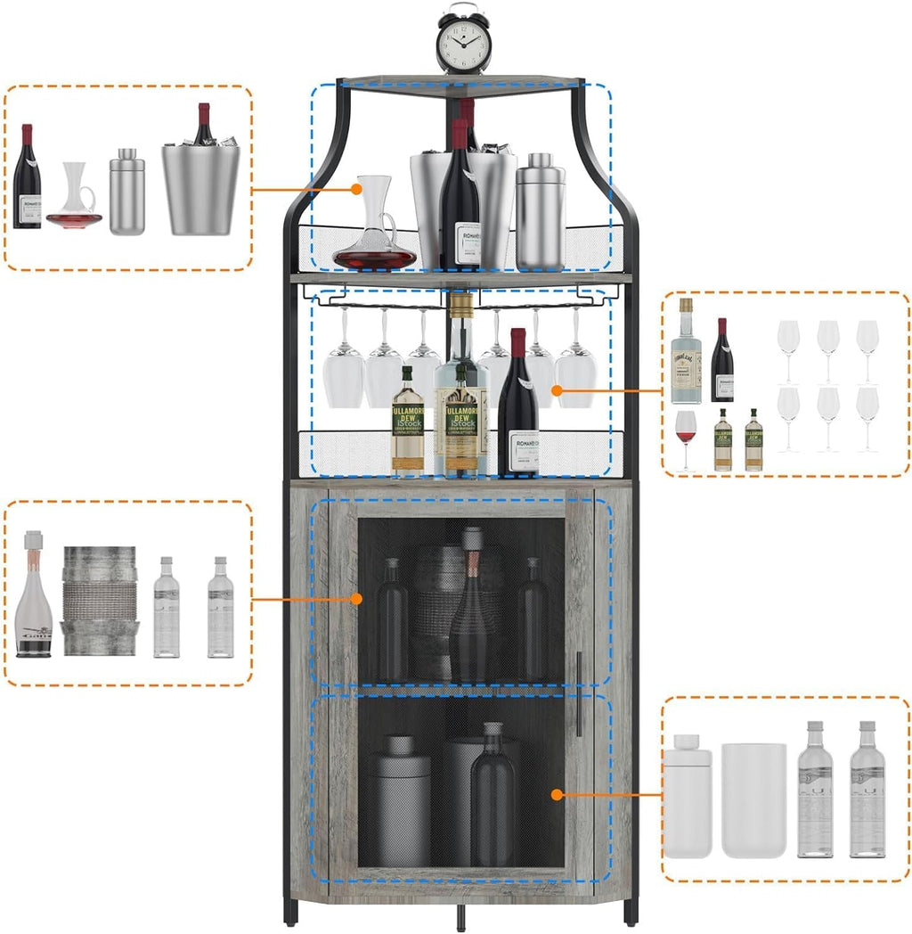 IDEALHOUSE Corner Wine Bar Cabinet with Large Storage Space and Detachable Wine Rack, Bar Cabinet with Glass Holder and Mesh Door, 4-Tier Liquor Cabinet Bar, Grey