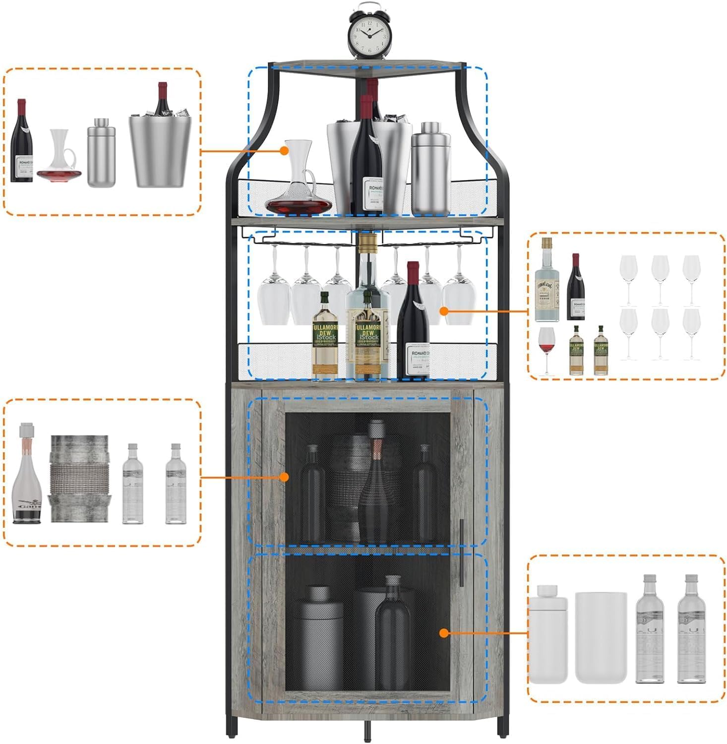 IDEALHOUSE Corner Wine Bar Cabinet with Large Storage Space and Detachable Wine Rack, Bar Cabinet with Glass Holder and Mesh Door, 4-Tier Liquor Cabinet Bar, Grey